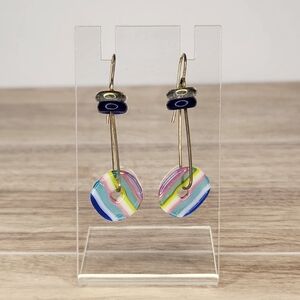 RARE Colorful Acrylic Striped Drop Statement Earrings Blue & Iridescent Beads